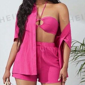 Solid Button Front Shirt Halter Top & Shorts